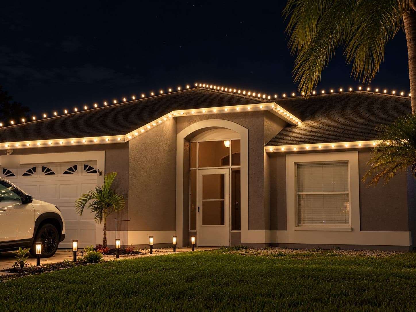 A Comet install: a Tampa Bay home at night with warm white C9 lights along the roofline, ridge and arched entry