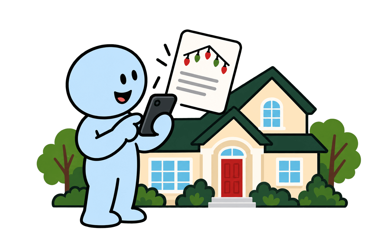 Illustration: a homeowner requests a Christmas lights quote on their phone in front of their house