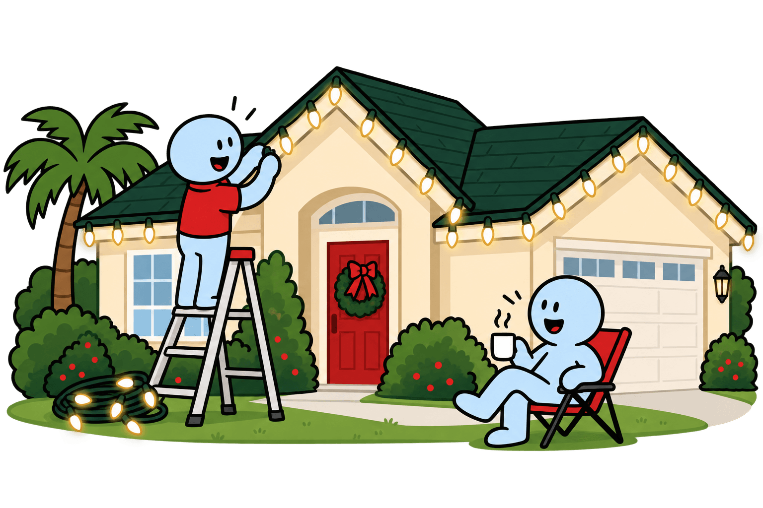 Illustration: a Comet installer hangs C9 lights on a home’s roofline while the homeowner relaxes with a coffee